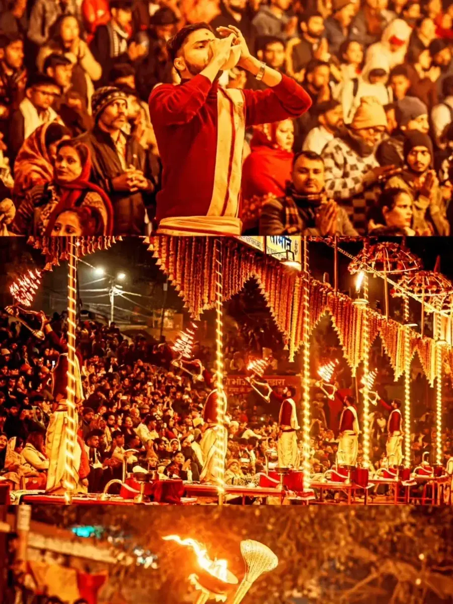 Pilgrims witnessing the sacred Aarti